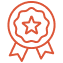 Médaille d'excellence orange avec une étoile centrale et des rubans, symbolisant la qualité, la récompense ou la certification.