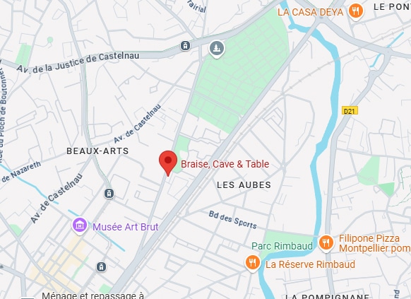 Carte de Montpellier centrée sur Braise, Cave & Table, près de Beaux-Arts et Musée Art Brut, avec Av. de Castelnau et Parc Rimbaud.