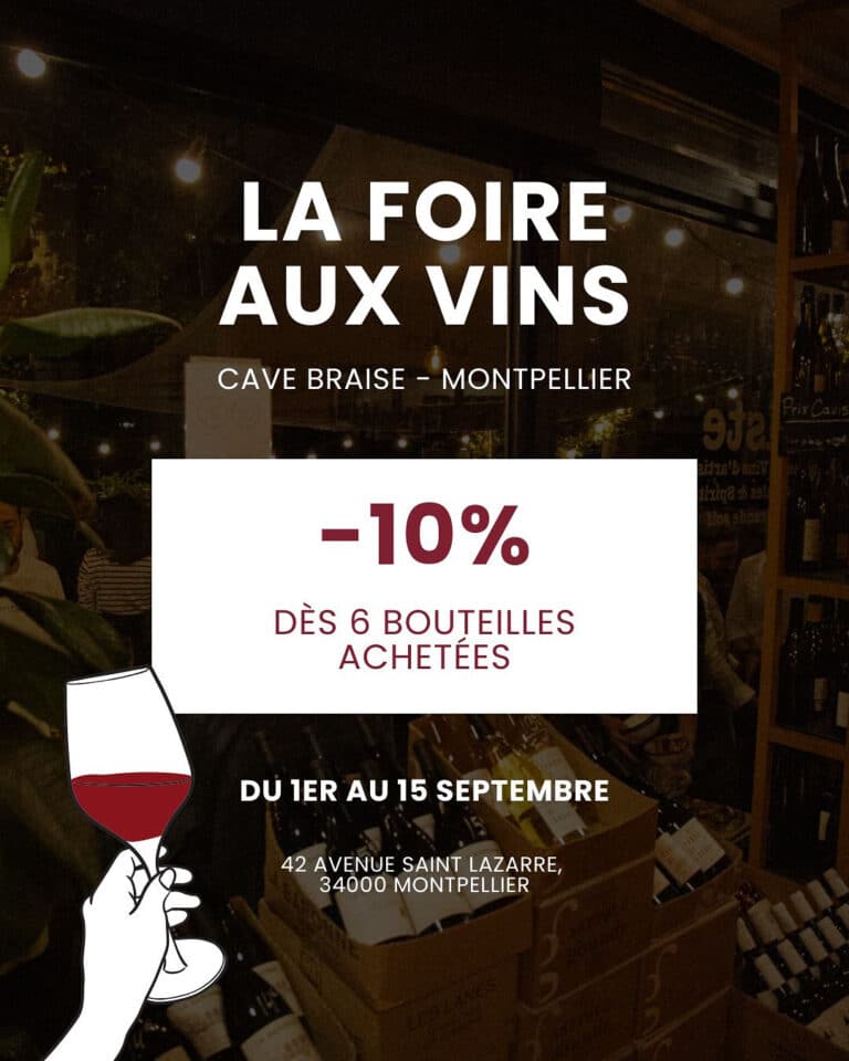 La Foire aux Vins chez Cave Braise, Montpellier. -10% dès 6 bouteilles achetées, du 1er au 15 septembre. Main tenant un verre de vin rouge.