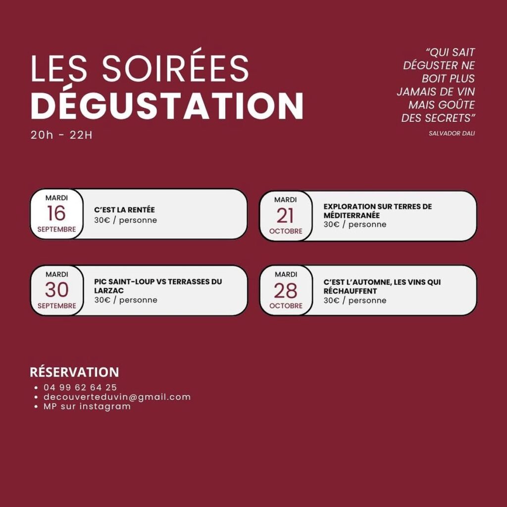 Programme soirées dégustation de vin : 4 dates en septembre/octobre à 30€. Réservation par tél, email ou Instagram. Citation de Dali.